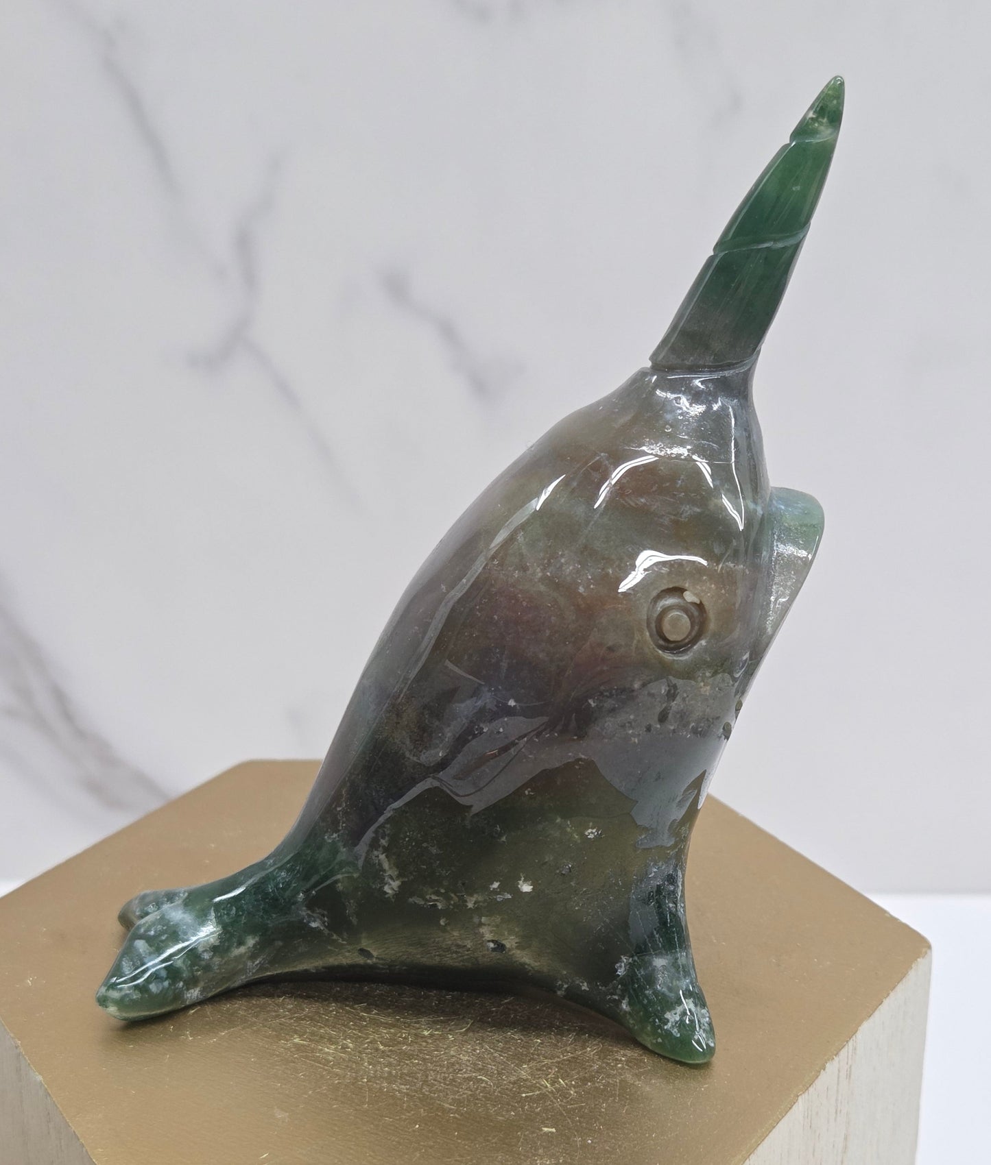 Narwhal carving - Ocean Jasper/Moss Agate