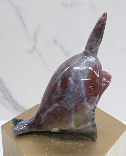 Narwhal carving - Ocean Jasper/Moss Agate