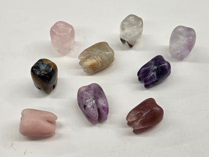 Collection of various crystal teeth carvings made of various materials and colors on a white background