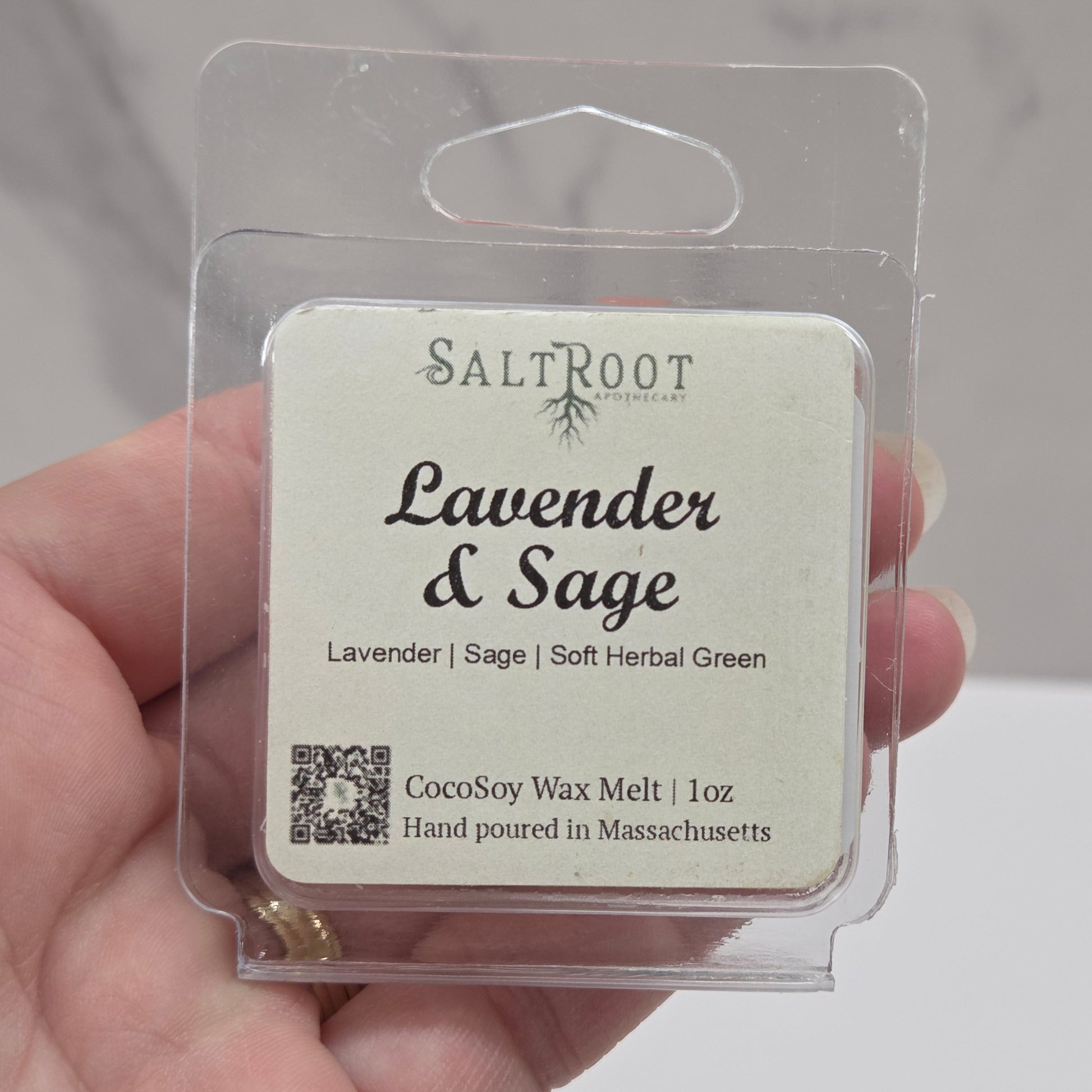 A package of Studio Syx Emporium Soy Wax Melts with the label 'Lavender and Sage', indicating a vegan soy wax melt with a net weight of 1 oz.