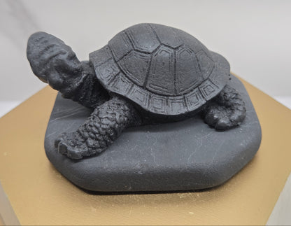 Shungite turtle carving on a wooden base against a marble background
