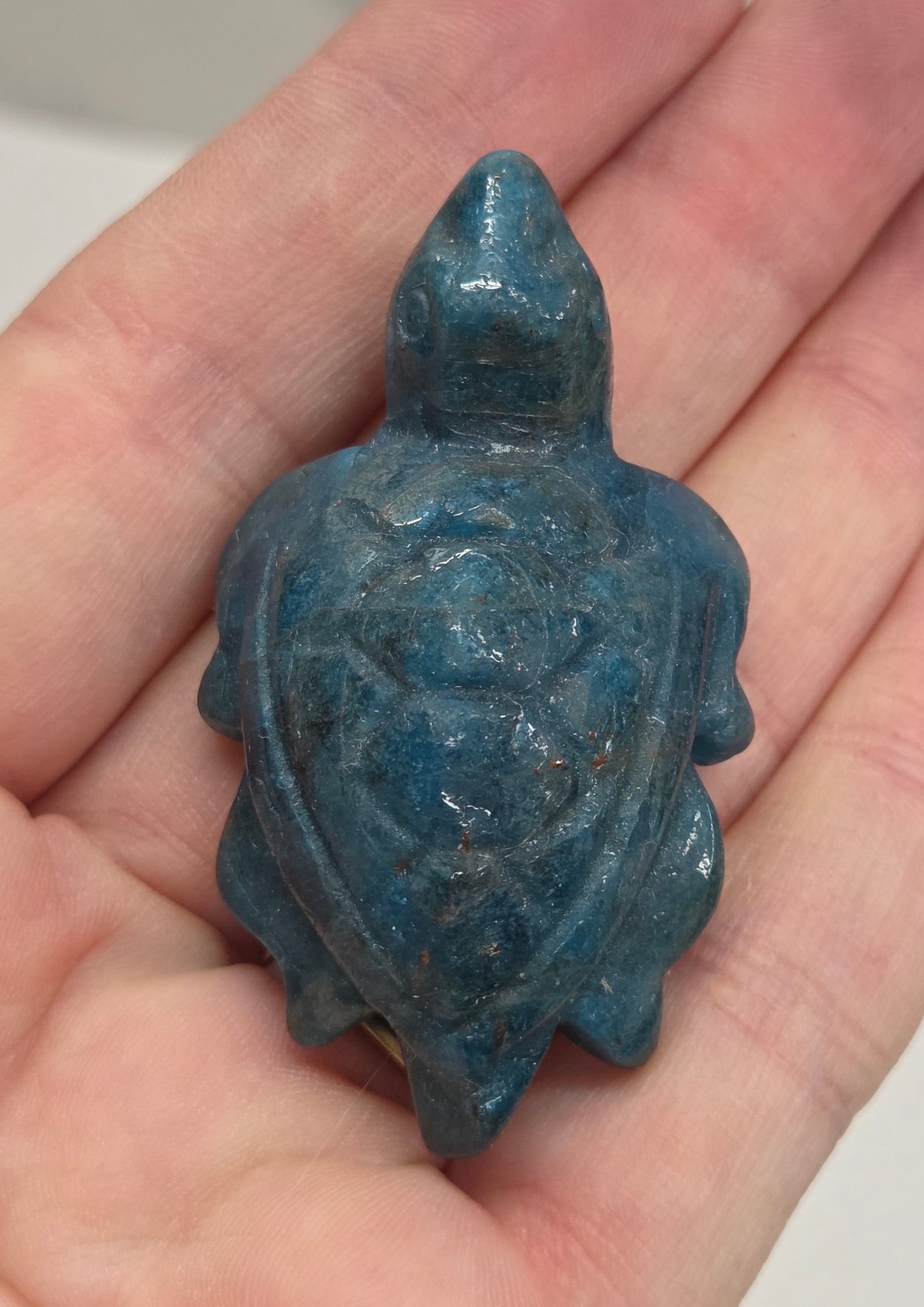 Hand holding a Blue Apatite turtle figurine on a white background