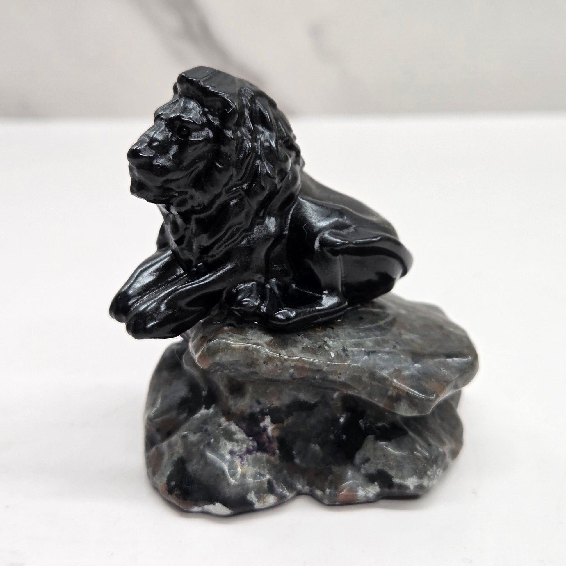 Black Obsidian sculpture of a lion on  a grey yooperlite rock on a white background