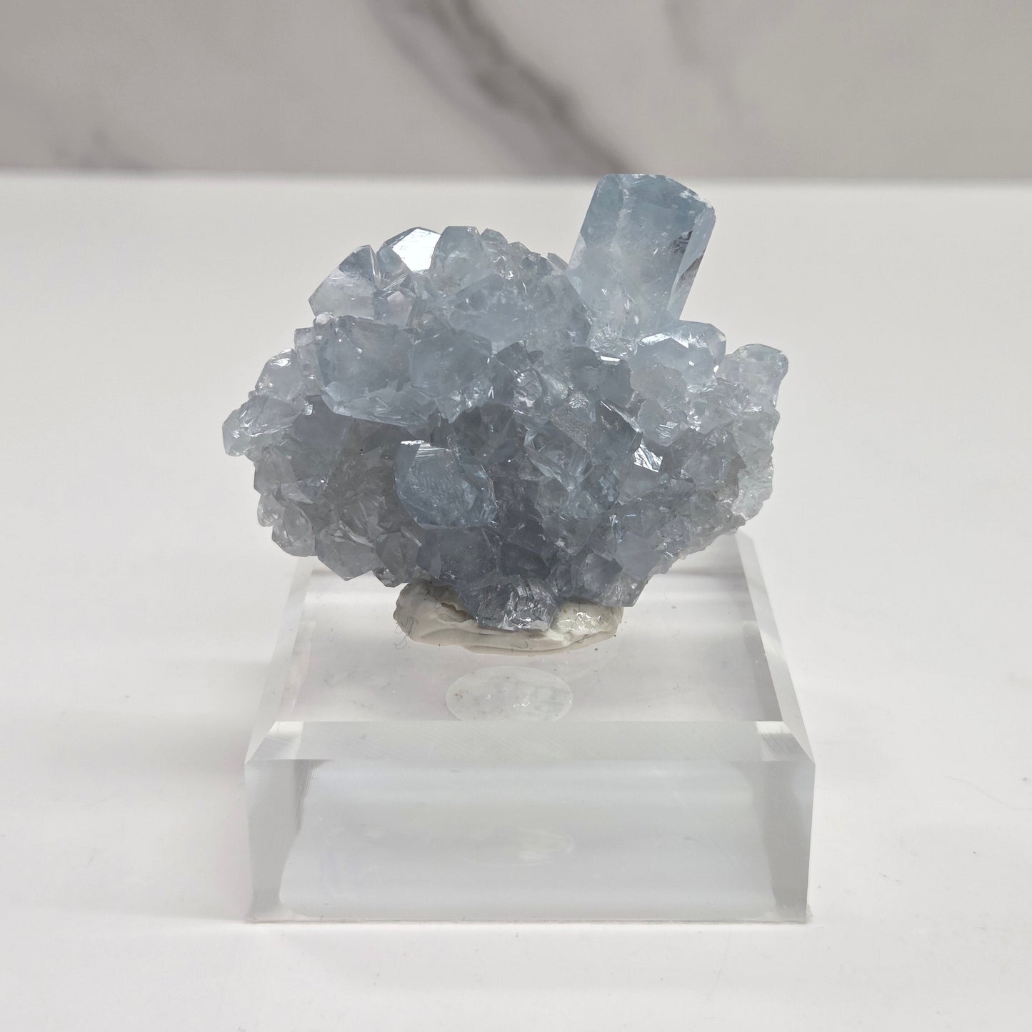 Blue Celestite crystal specimens with translucent blue crystals