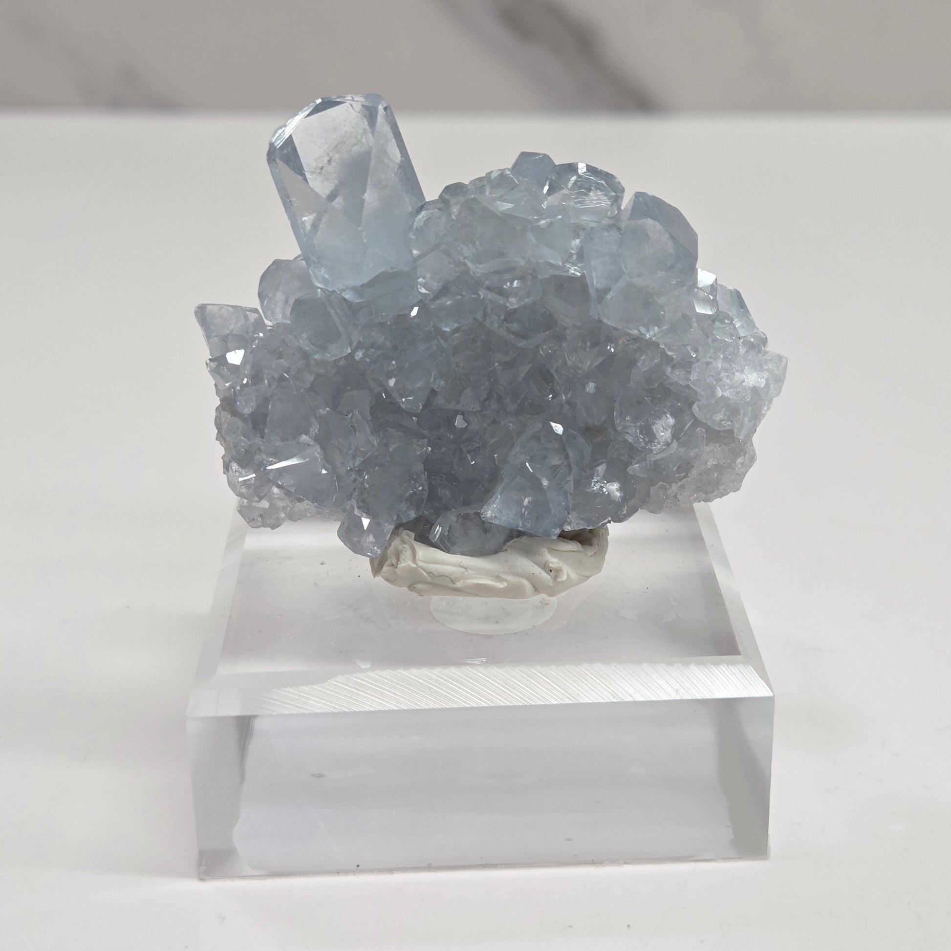 Blue Celestite crystal specimens with translucent blue crystals