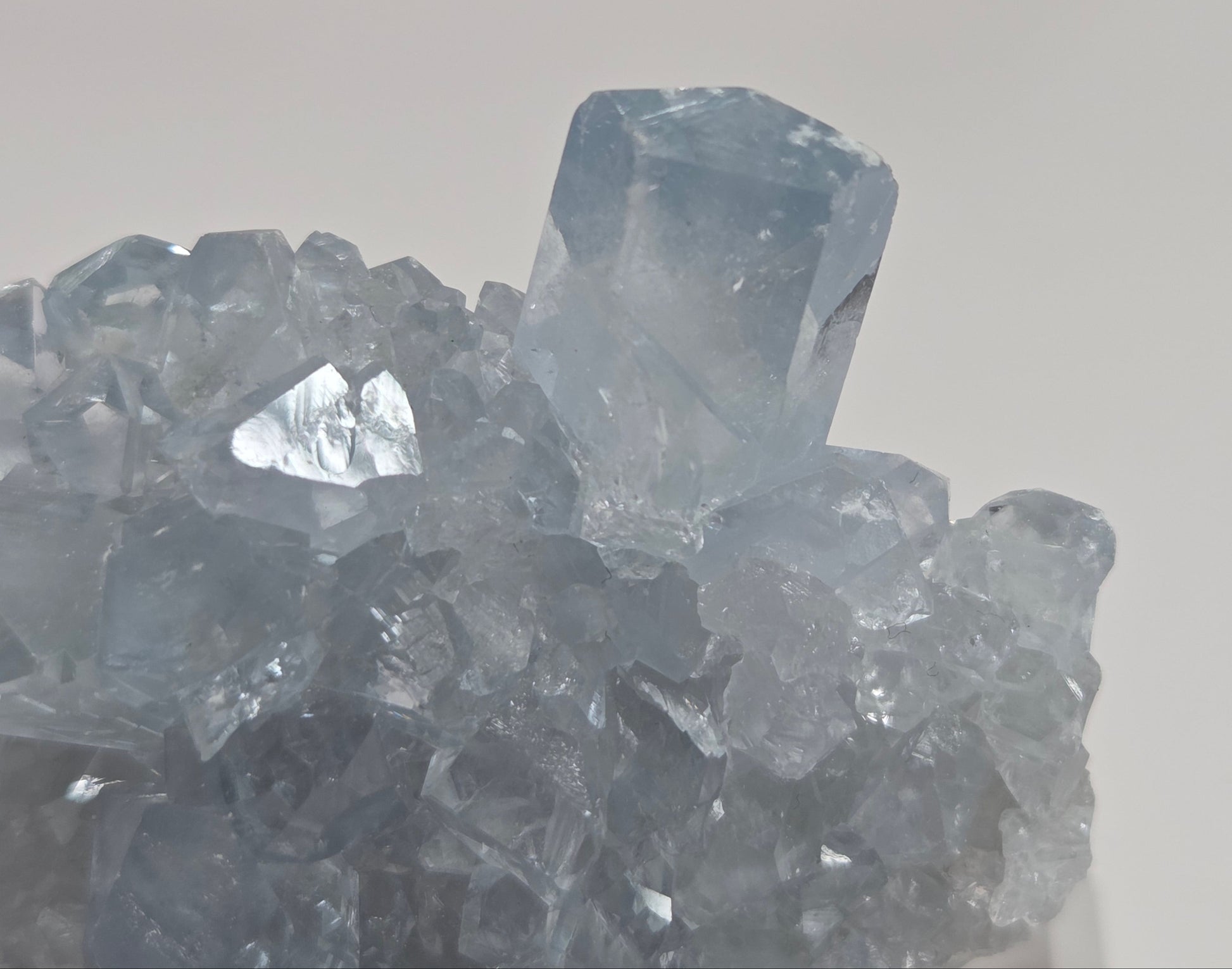 Close-up Blue Celestite crystal specimens with translucent blue crystals