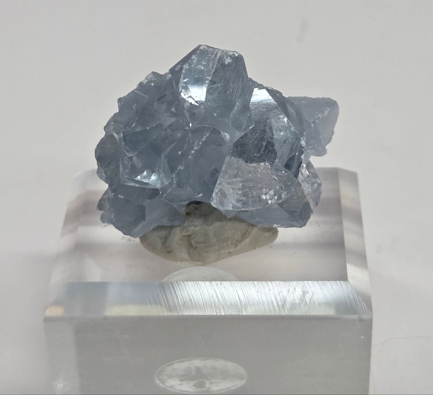 Blue Celestite crystal specimens with translucent blue crystals