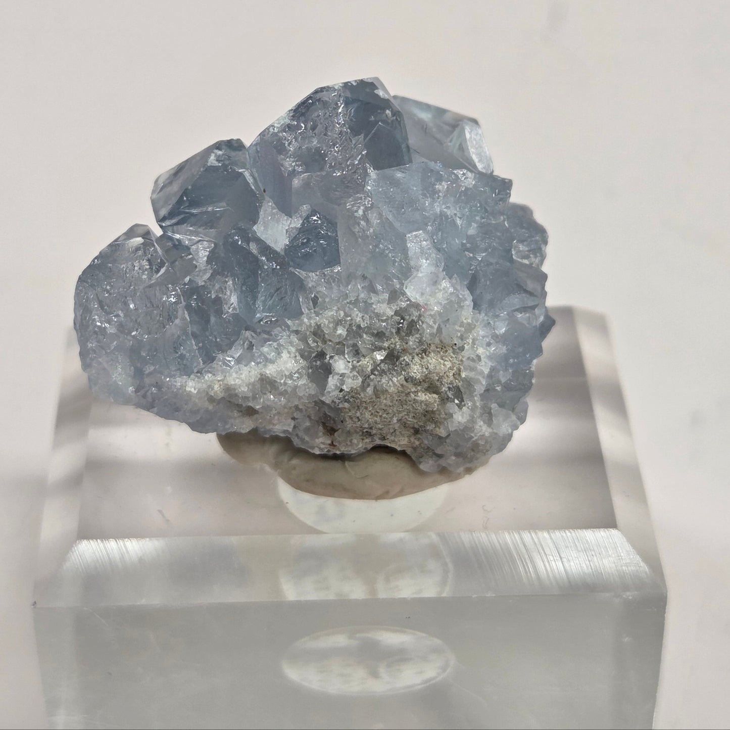 Blue Celestite crystal specimens with translucent blue crystals