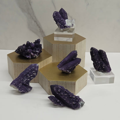 A collection of purple fluorite covered quartz points