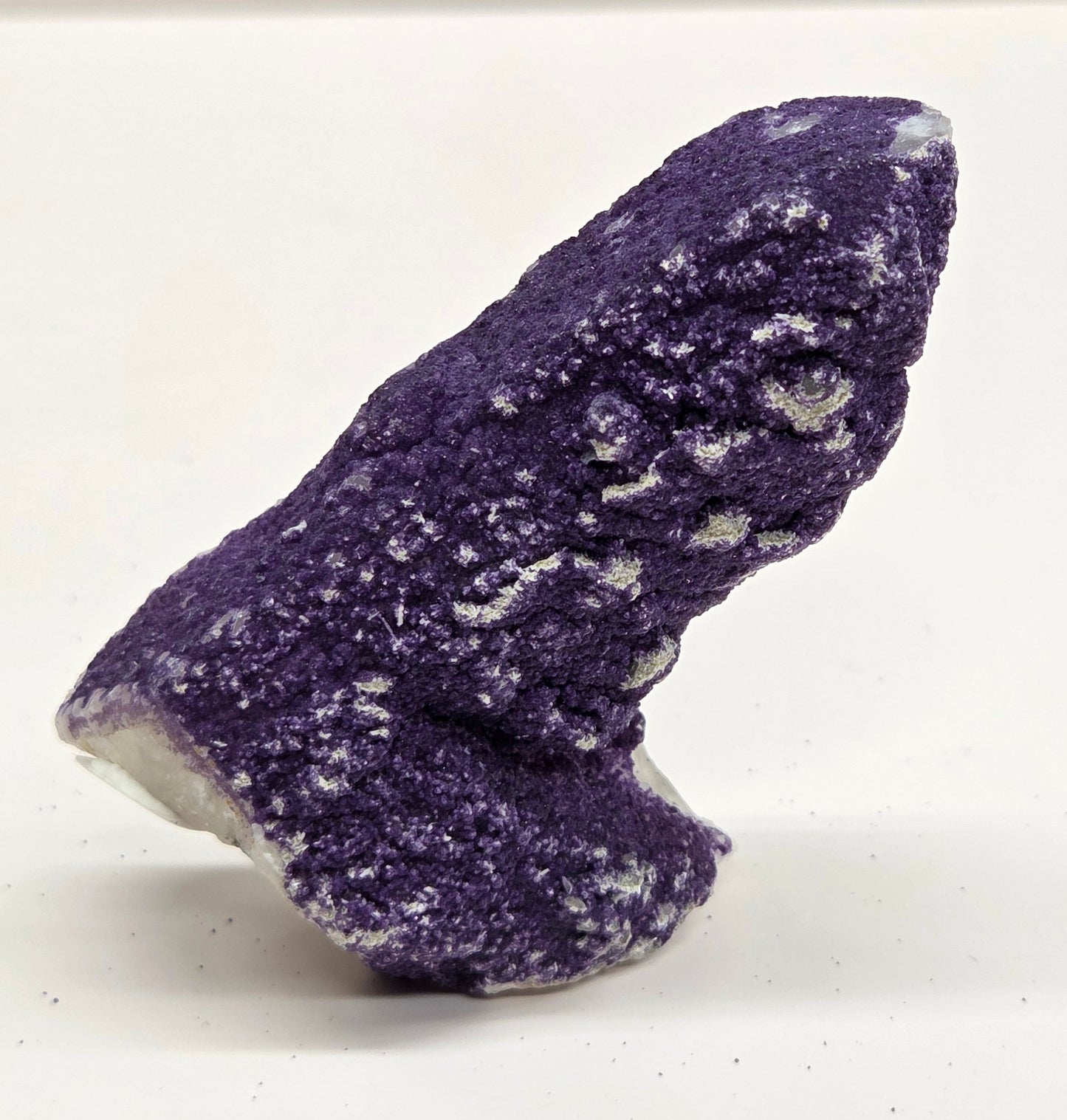 A collection of purple fluorite covered quartz points