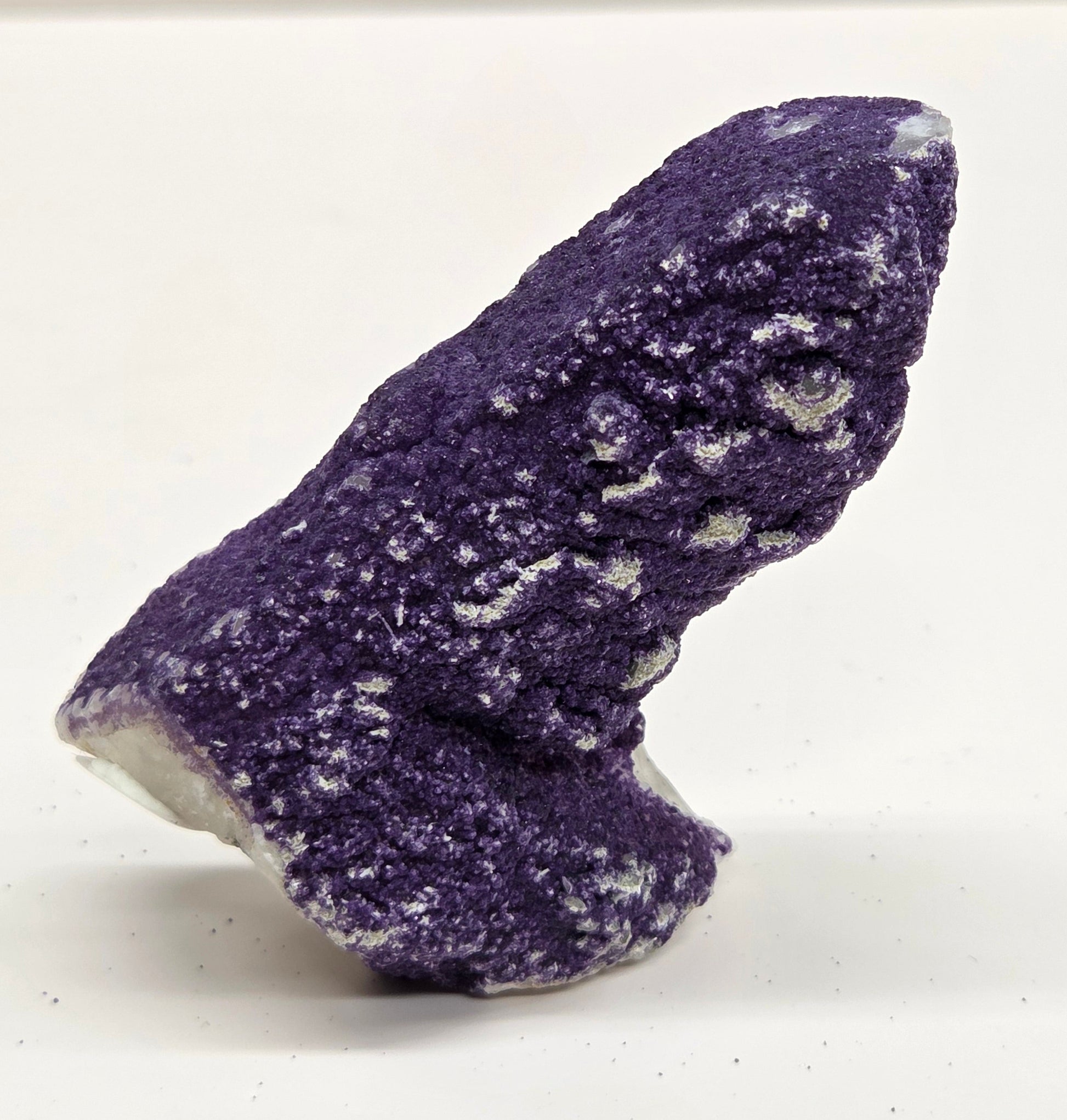 A collection of purple fluorite covered quartz points