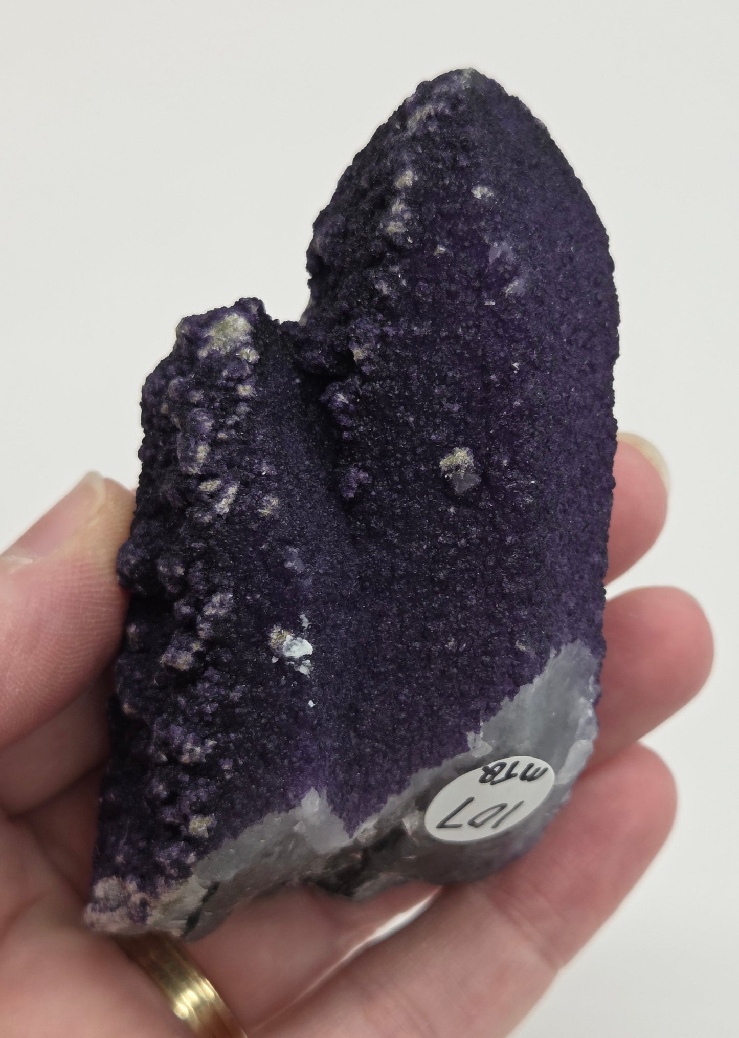 A collection of purple fluorite covered quartz points