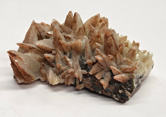 Mineral specimen with spiky growths on a white background