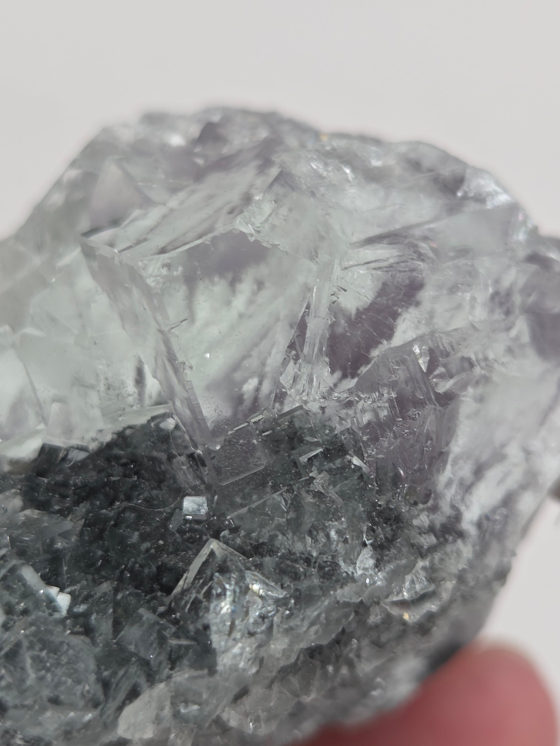 Close-up of a fluorite specimen with a white background
