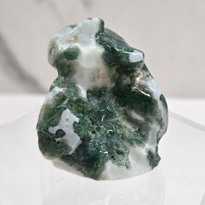 Carved Toothless Moss Agate carving with green and white patterns on a white background