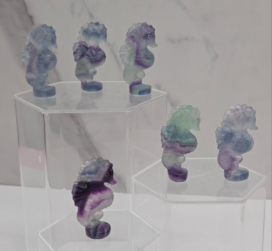 Fluorite crystal seahorse carvings with blue, green and purple colors