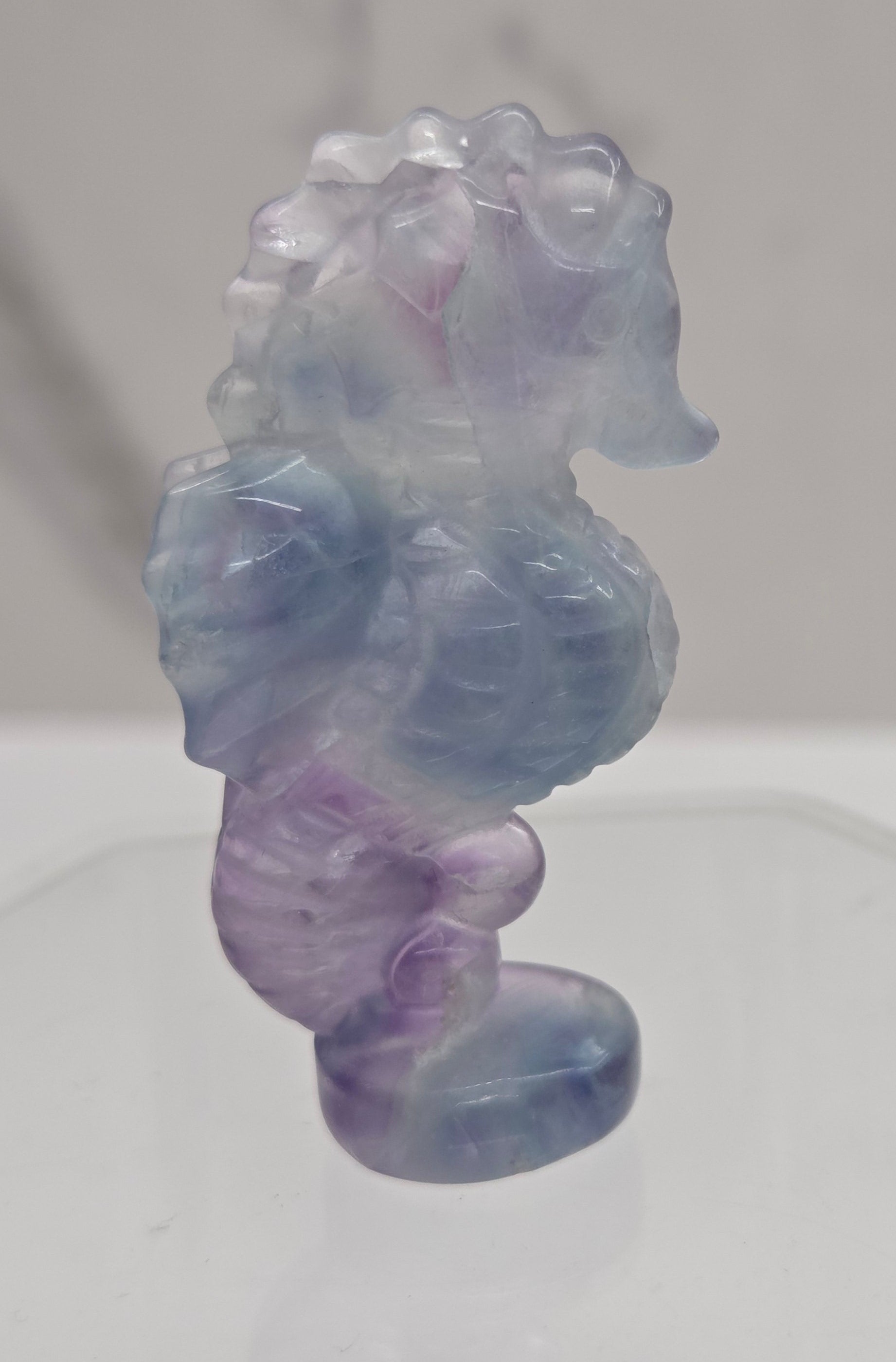 Fluorite crystal seahorse carvings with blue, green and purple colors