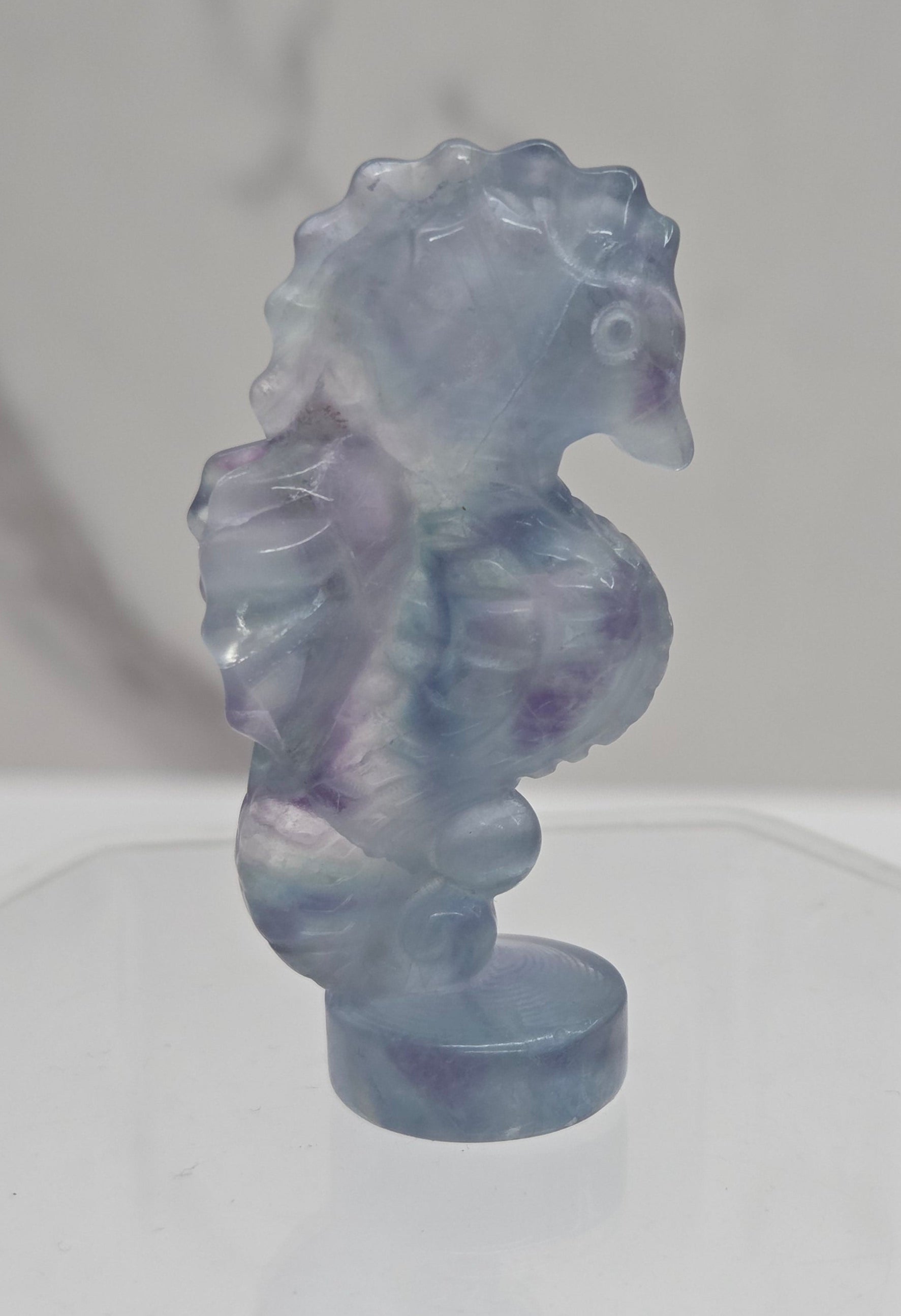 Fluorite crystal seahorse carvings with blue, green and purple colors