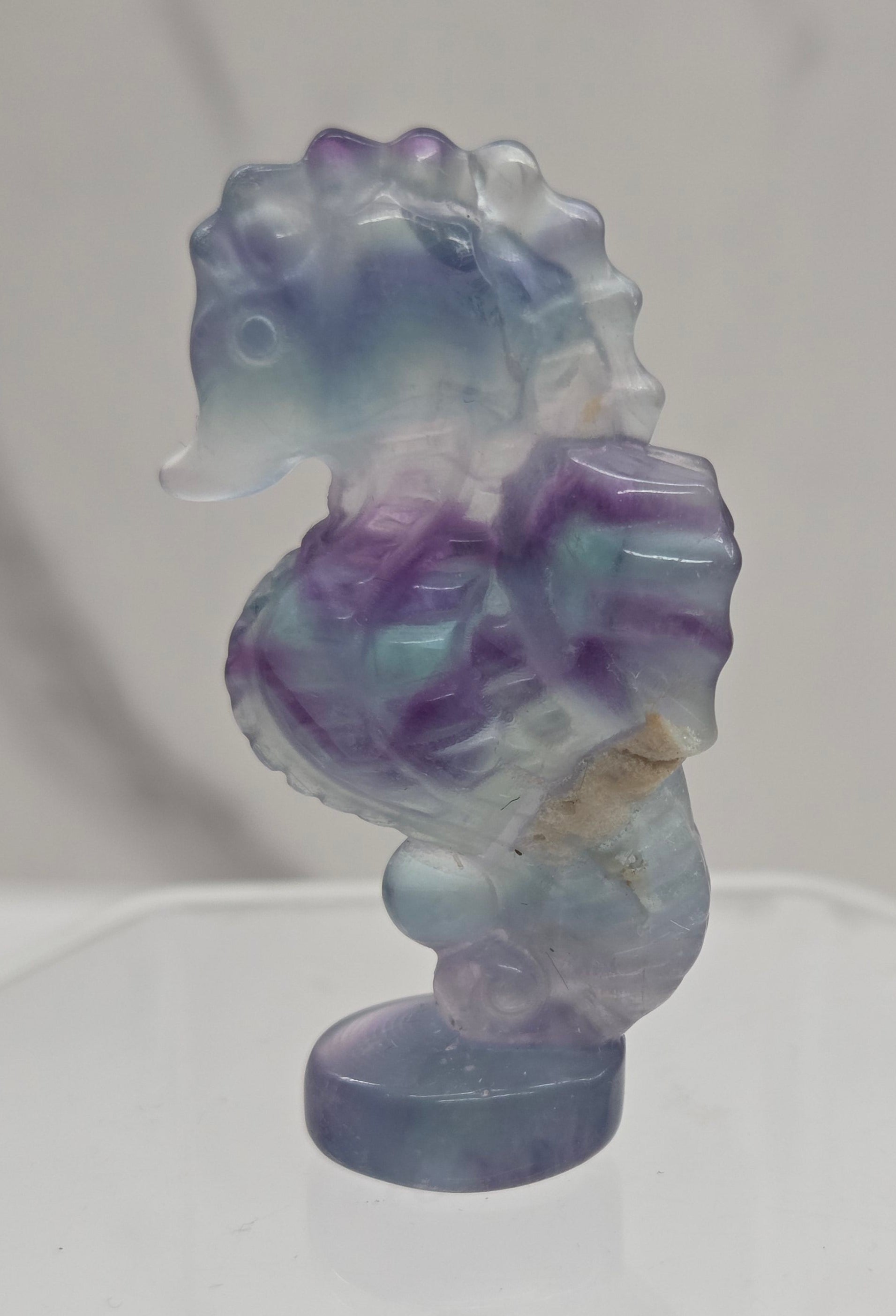 Fluorite crystal seahorse carvings with blue, green and purple colors