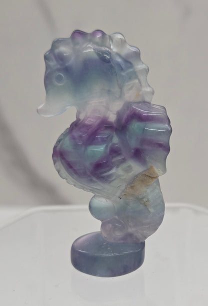 Fluorite crystal seahorse carvings with blue, green and purple colors