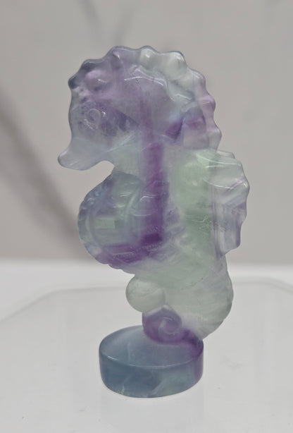 Fluorite crystal seahorse carvings with blue, green and purple colors