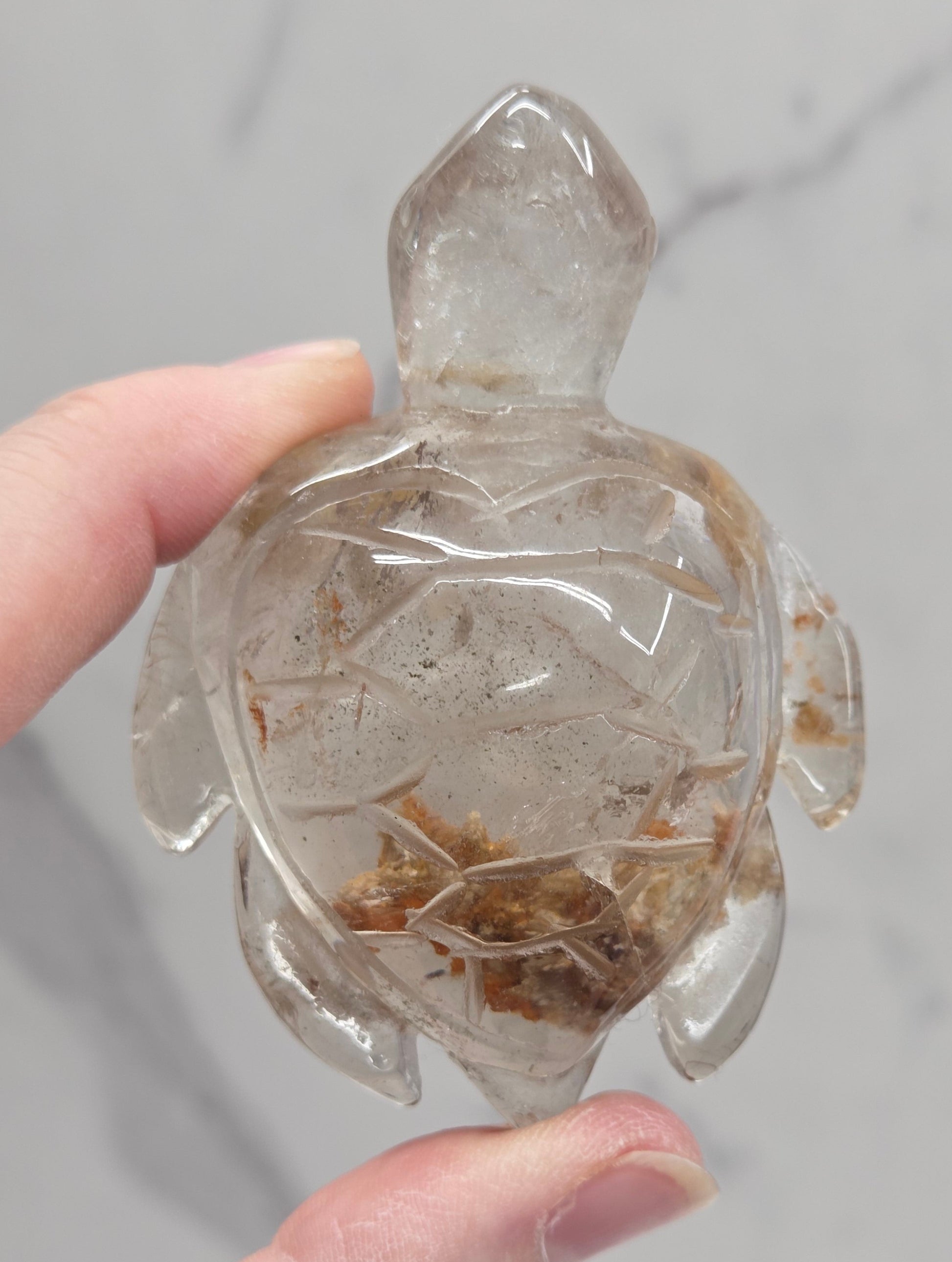 Clear crystal turtle figurine held by a hand against a neutral background
