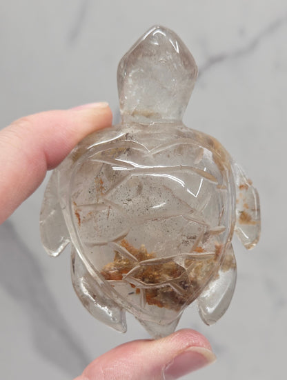 Clear crystal turtle figurine held by a hand against a neutral background