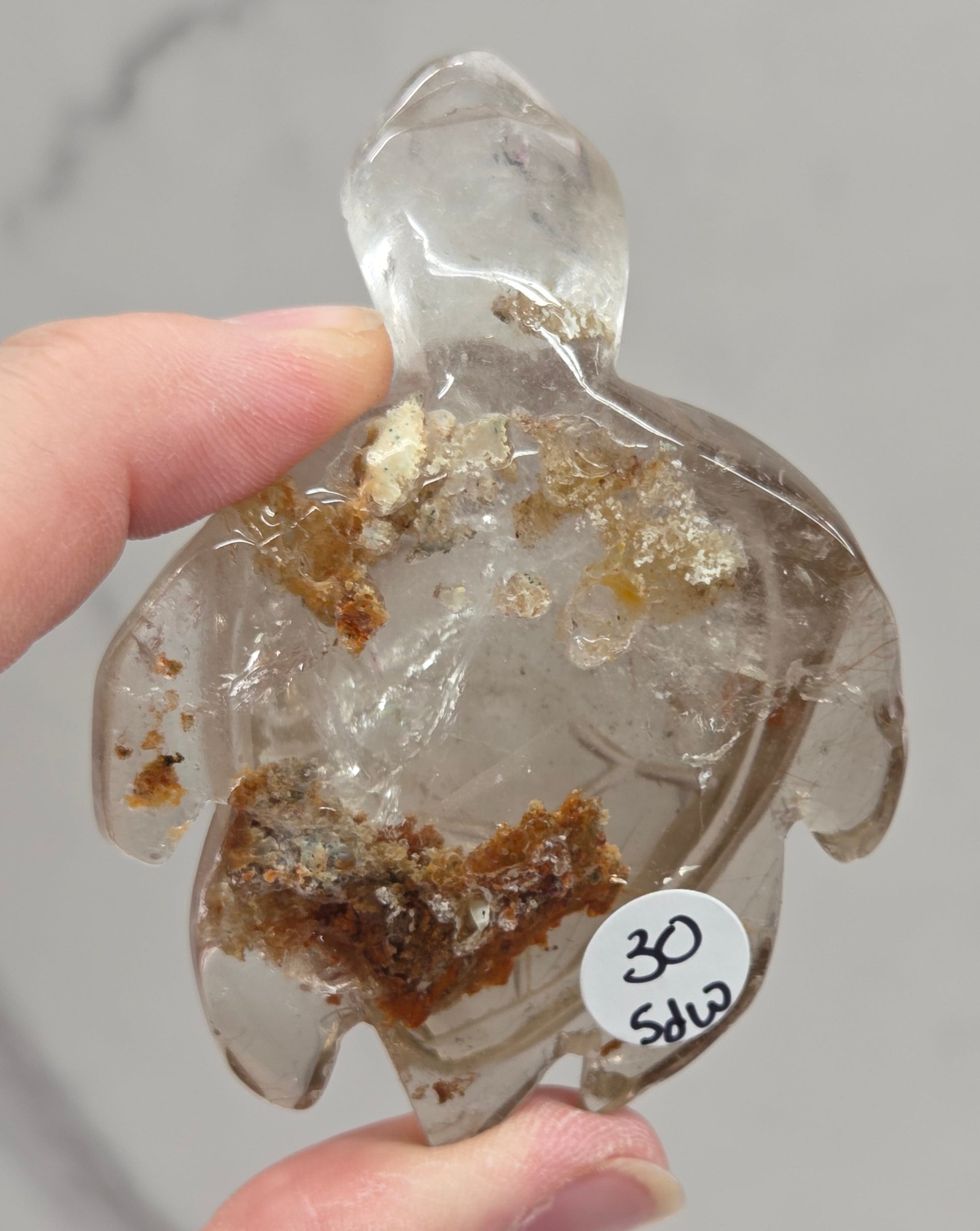 Clear crystal with embedded brown material held by a hand against a neutral background