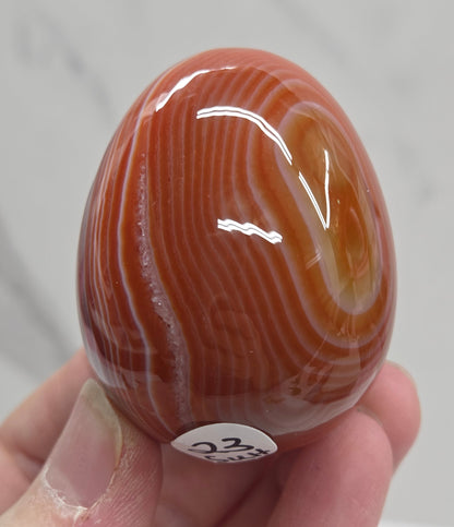 Marbled red and white Carnelian egg carving