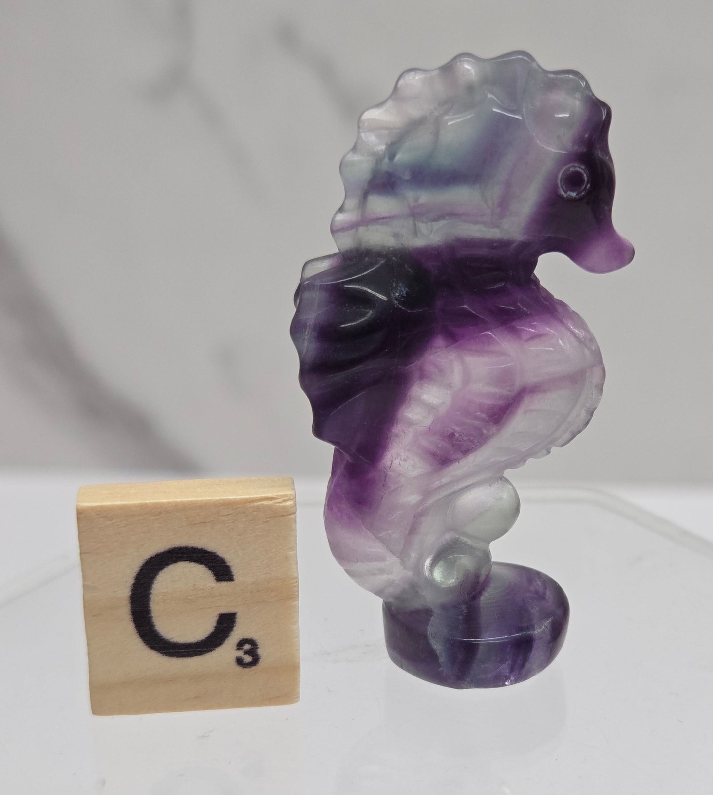 Fluorite crystal seahorse carvings with blue, green and purple colors