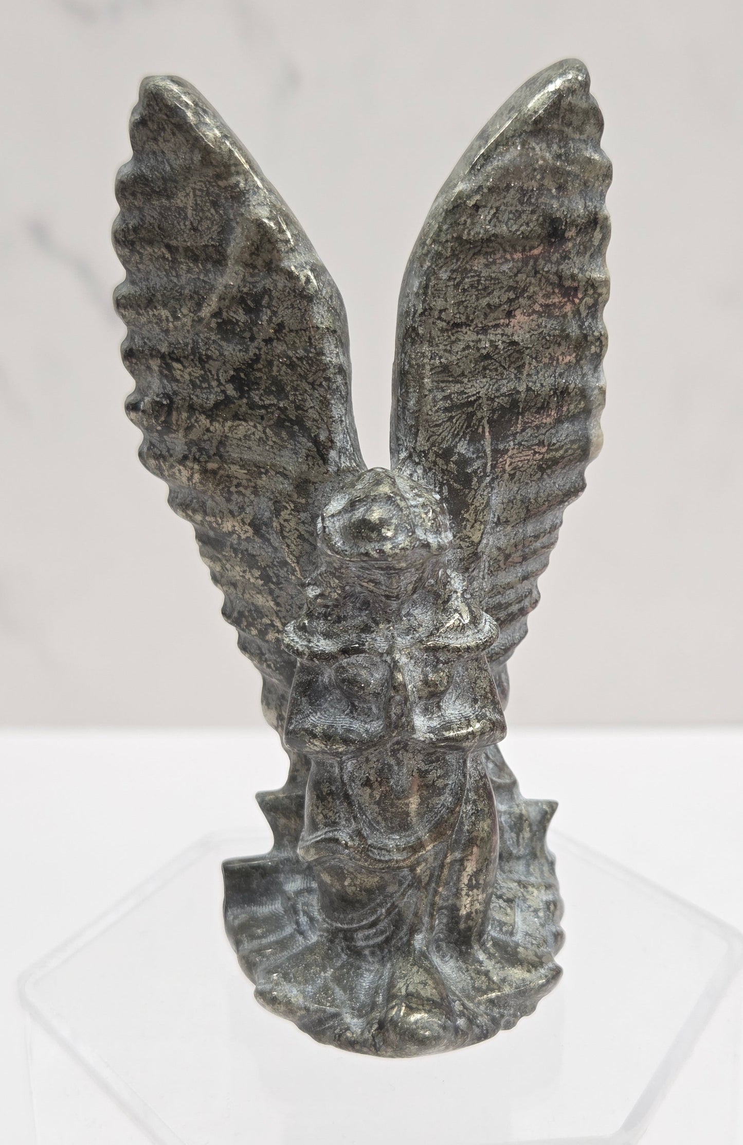 Pyrite crystal angel carving 
