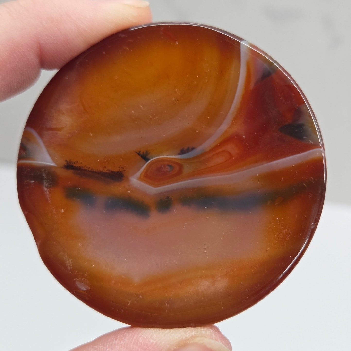 Person holding a round, multicolored stone with brown, orange, and black patterns against a plain background