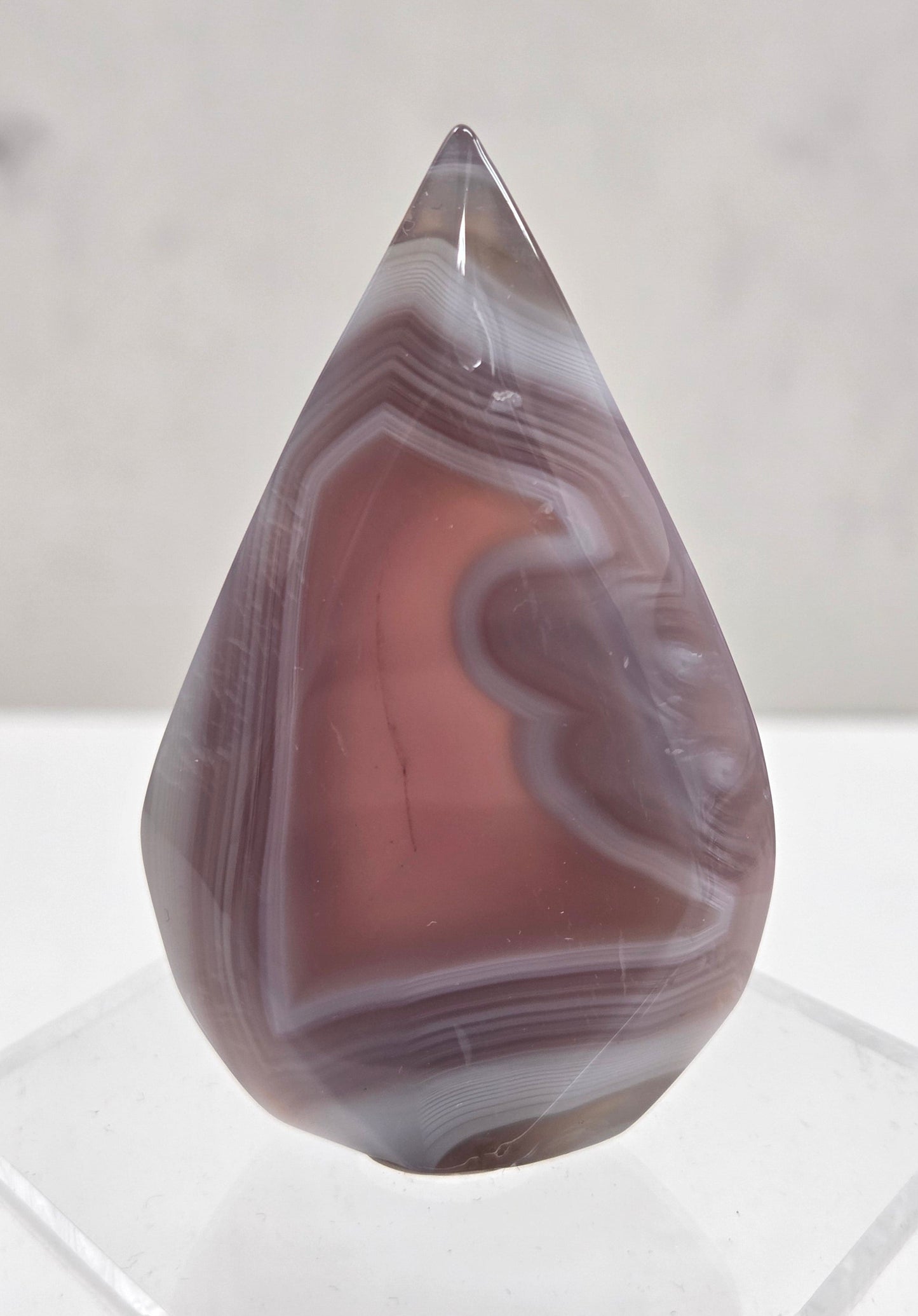 Polished Jelly Agate teardrop crystal with marbled pattern on a white background
