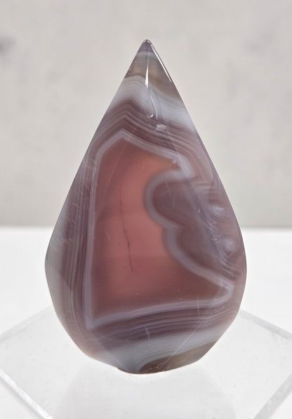 Polished Jelly Agate teardrop crystal with marbled pattern on a white background