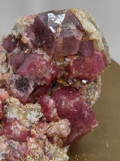 Close-up of pink crystal formation on a gray background