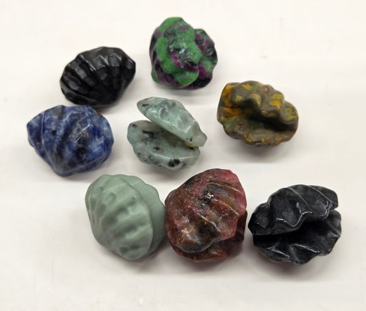 Collection of various crystal clam carvings on a white background