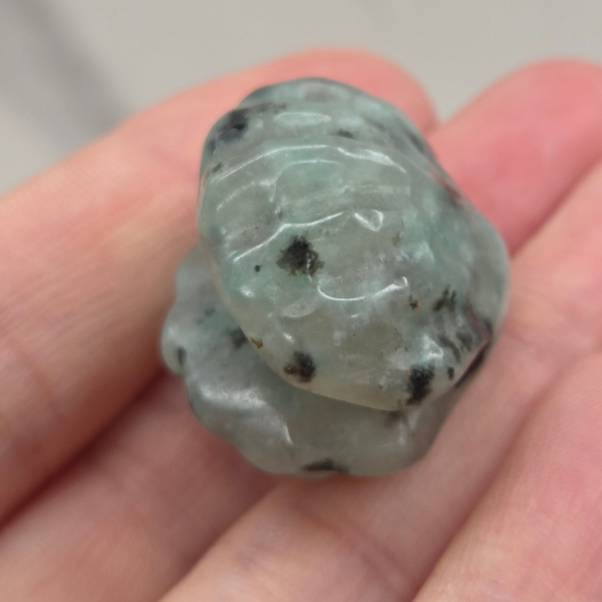 Translucent Kiwi Jasper clam carving with black spots