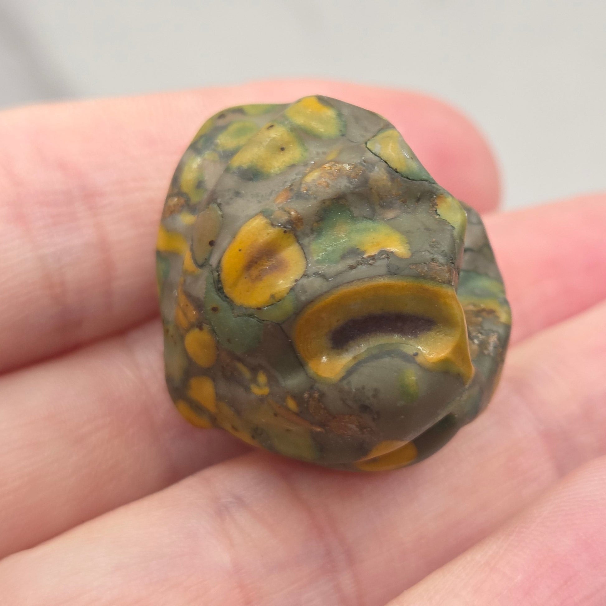 Ajooba Jasper crystal clam carving with yellow, green & brown circles