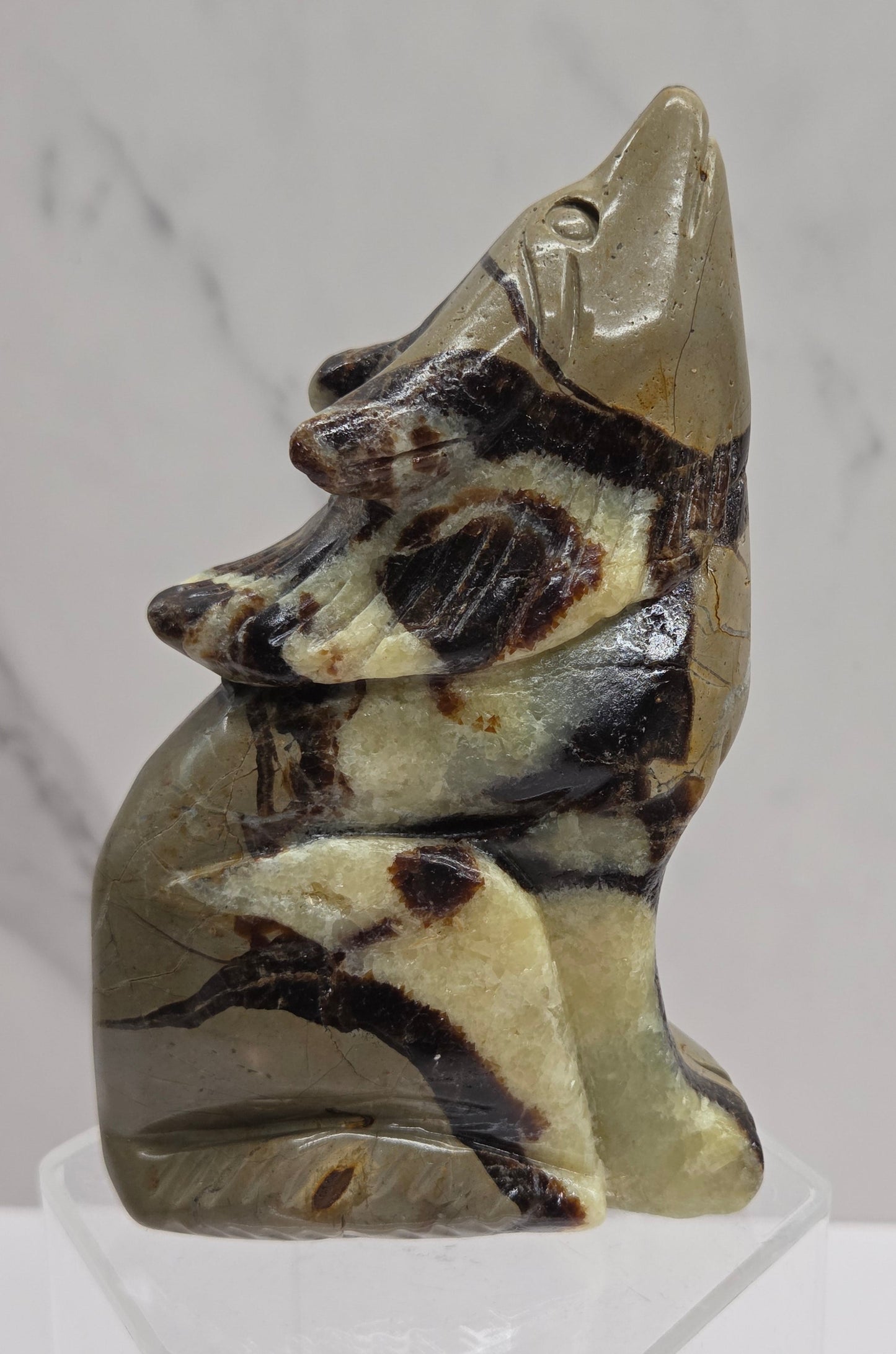 Septarian wolf carving with yellow, tan and brown coloring on a white background