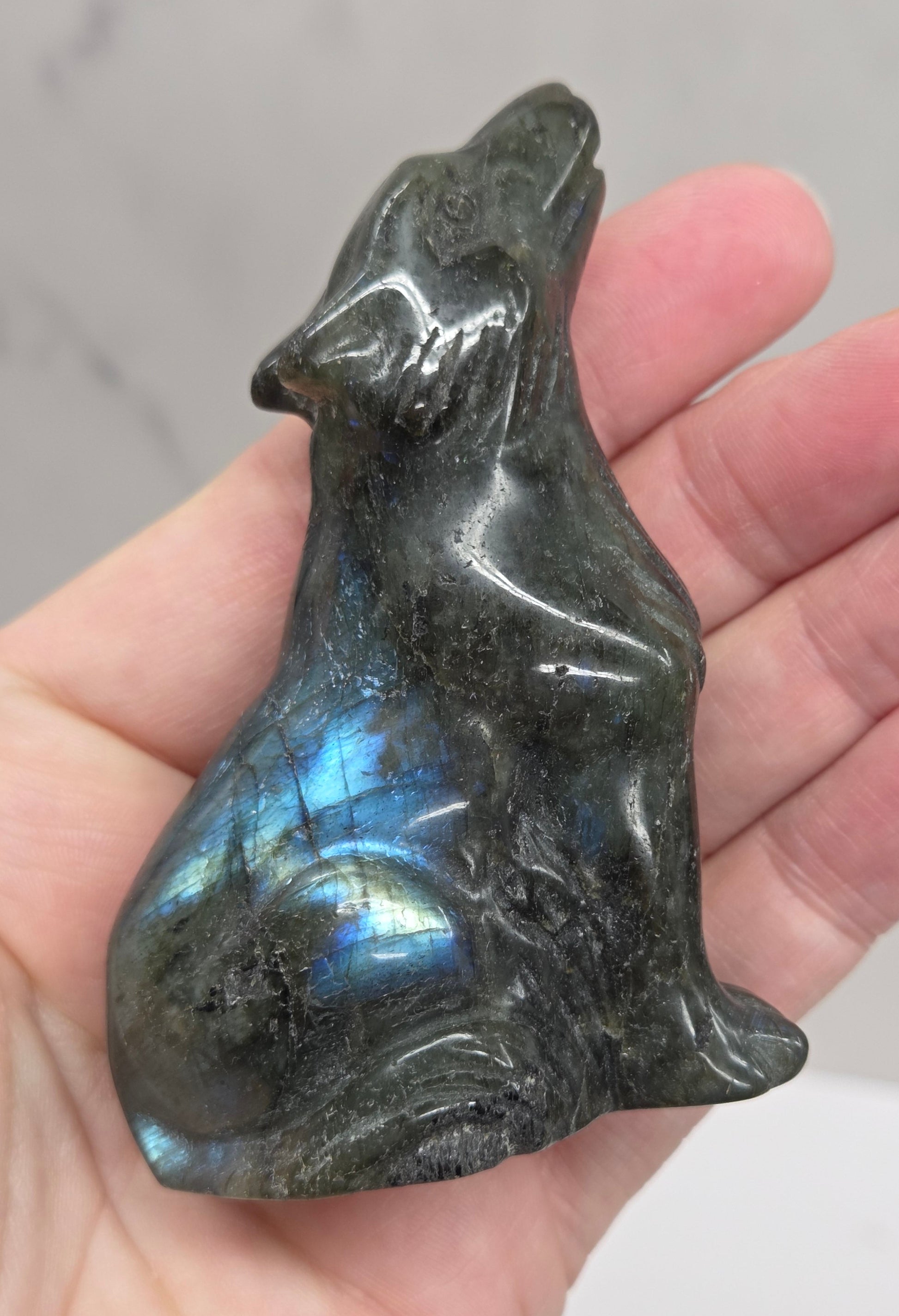 Hand holding a labradorite wolf carving with colorful sheen