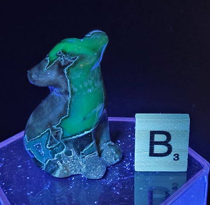 Volcano Agate wolf carving on a clear stand, next to a wooden block with 'B' under UV light