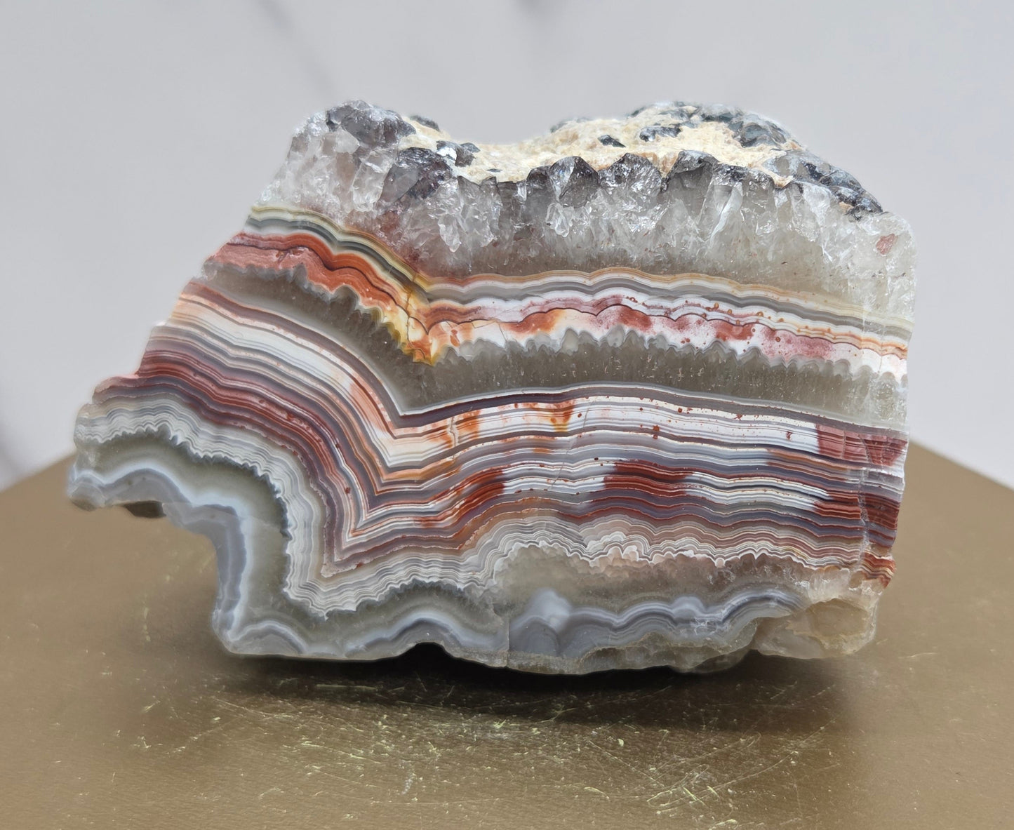 Laguna lace agate specimen with colorful banding on a wooden stand with a neutral background