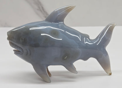 Agate shark carving with banding on a white background