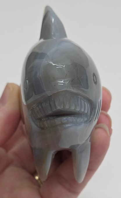 Agate shark carving with banding on a white background