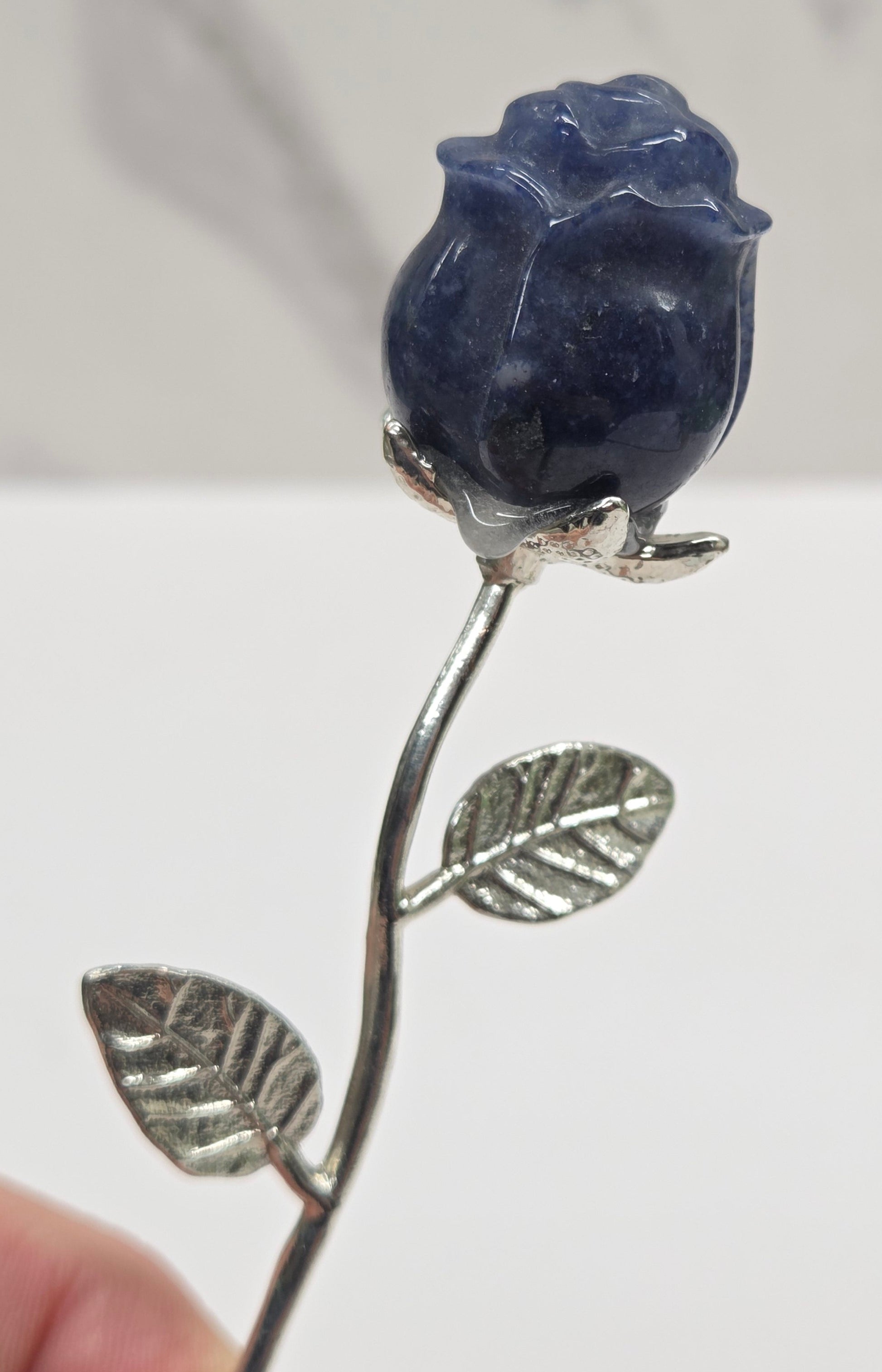 Blue Aventurine crystal rose mounted on silver stem.