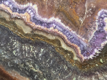 Close-up of a multicolored stone with purple, brown, and gray hues.