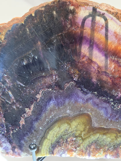 Close-up of a banded crystal slice with colorful patterns