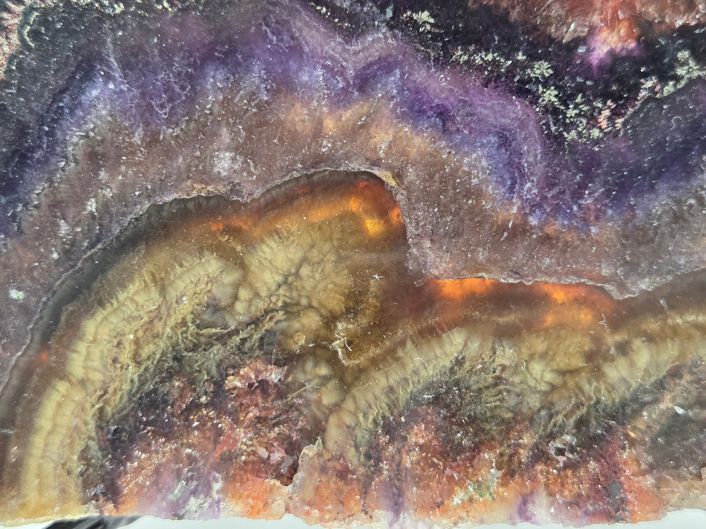 Close-up of a colorful stone with brown, purple, and black hues