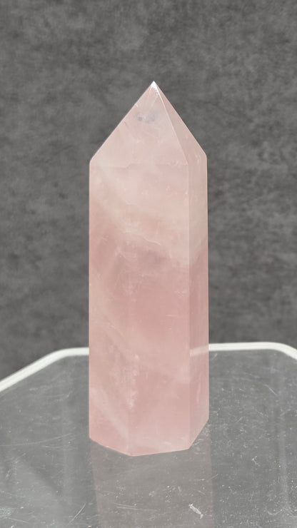 rose quartz crystal point with a gray background