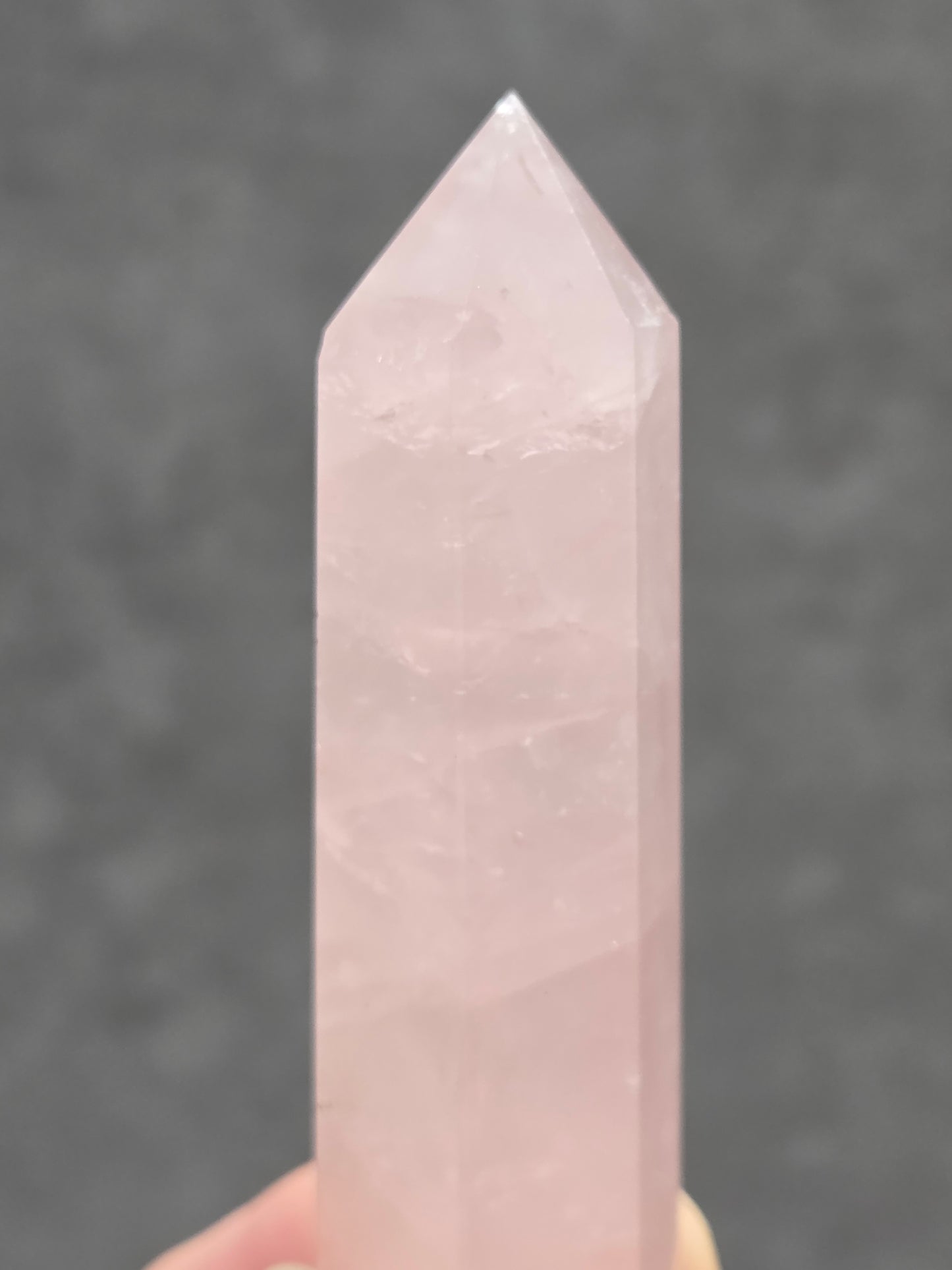 Rose Quartz Crystal held by a hand against a dark background